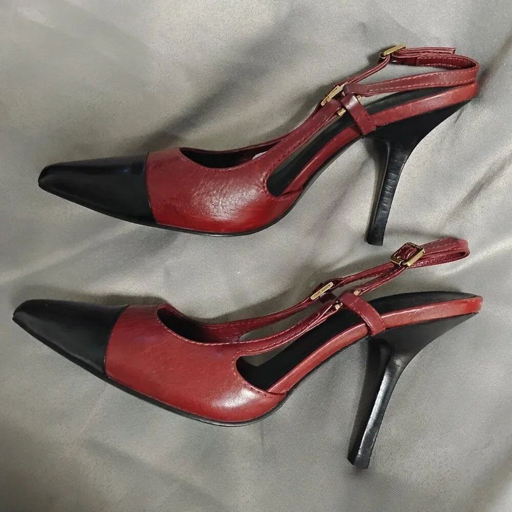❤️TORY BURCH Burgundy and Black All Leather Slingback Heel Shoes 7 Brazil - Picture 4 of 7